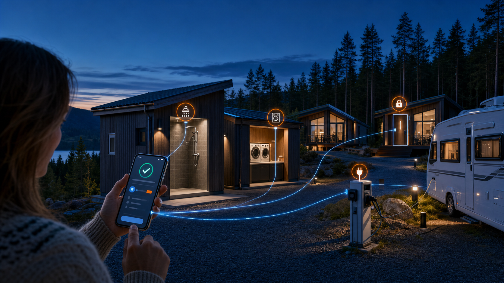 Camping connecté avec douches, laverie, électricité et accès aux chalets pilotés par application