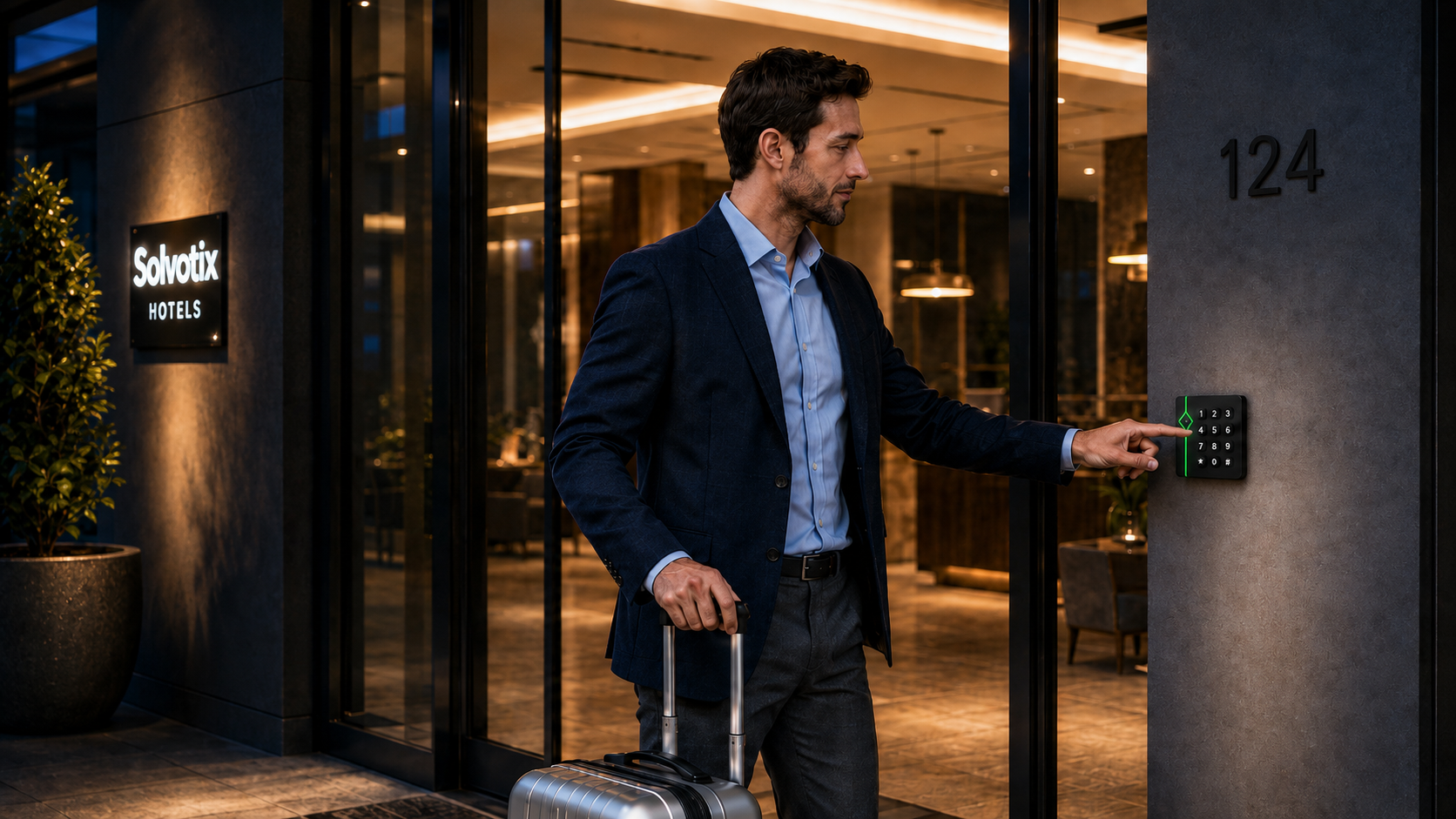 Aucune application n’est nécessaire. L’entrée est simple pour Nico, tandis que l’hôtel garde le contrôle. À l’entrée principale, Nico saisit son code sur le clavier. La porte s’ouvre et son check-in est enregistré automatiquement.