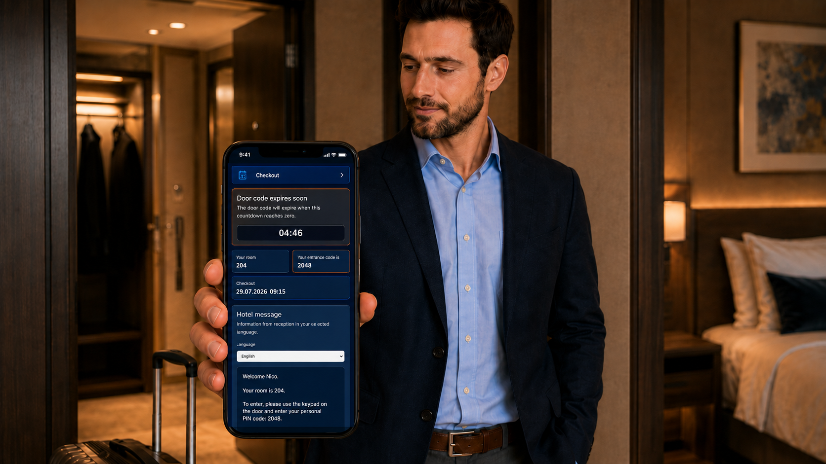 Au check-out, le code expire automatiquement. Si Nico part plus tôt, il termine son séjour dans le portail en un clic.