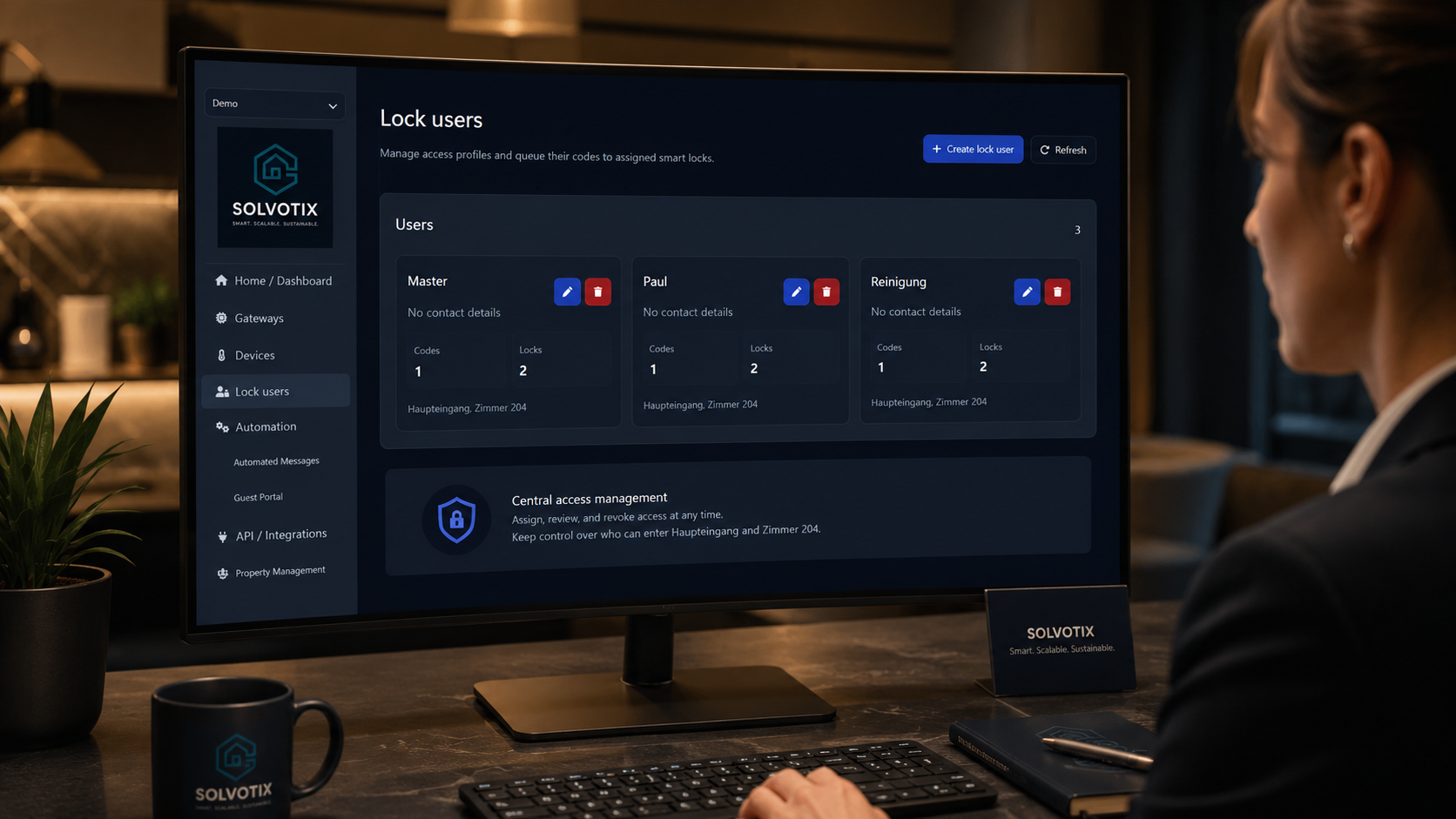 Les droits d’accès peuvent être créés, modifiés ou désactivés selon les besoins : code maître, check-in manuel ou séjour prolongé.