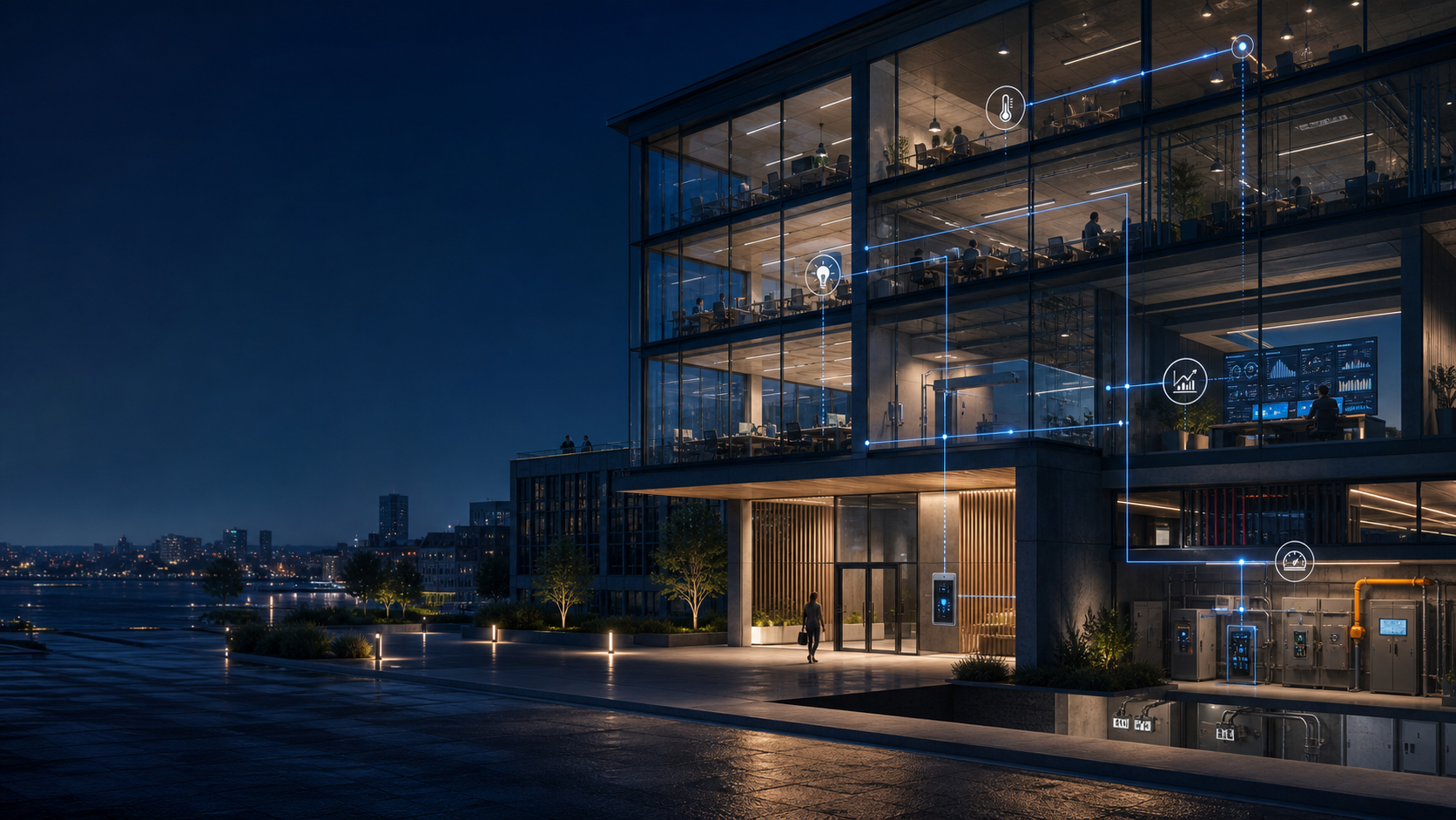 Immeuble de bureaux moderne connecté avec automatisation des accès, du climat et de l’énergie